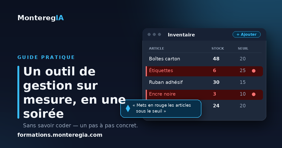 Outil de gestion d'inventaire sur mesure affiché à l'écran, avec articles et alertes de stock