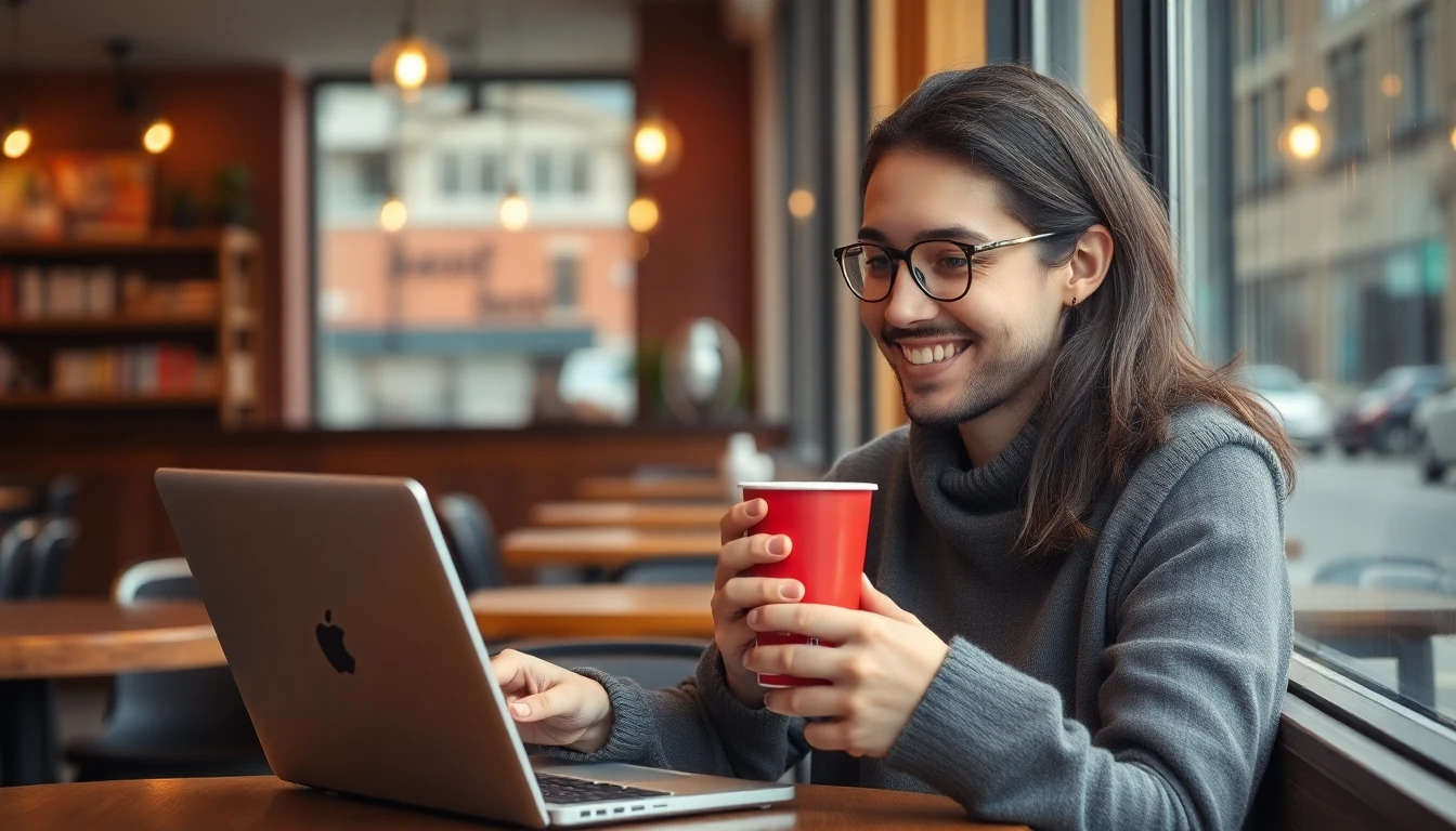 Freelancer souriant dans un café de Sherbrooke, ordinateur portable ouvert, prenant une pause avec un café