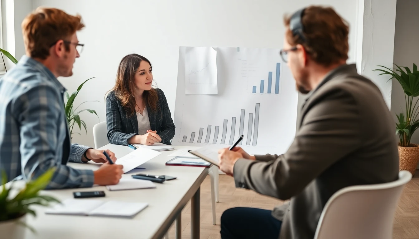 Tableau blanc avec graphiques de croissance et notes manuscrites, deux personnes discutant en arrière-plan