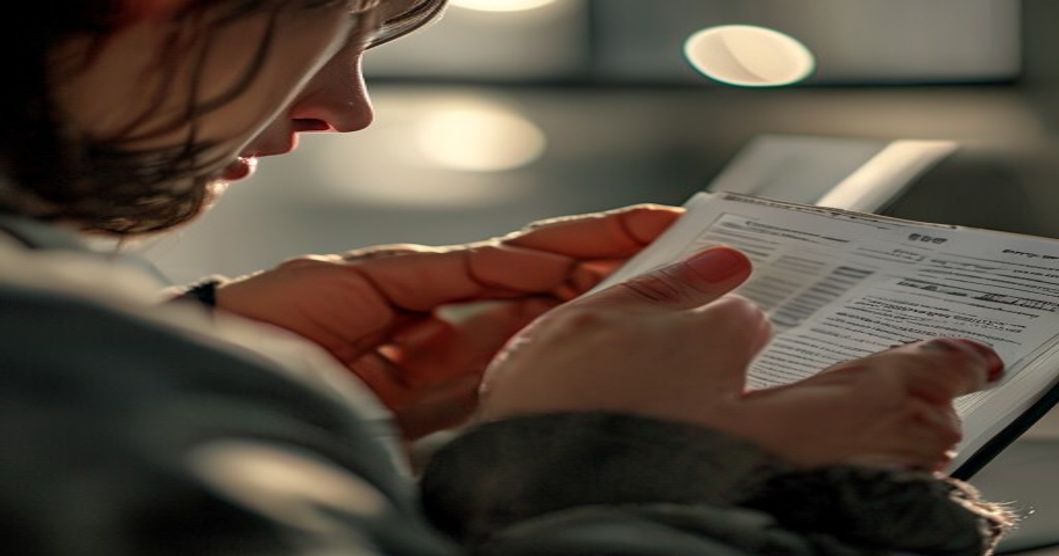 Personne utilisant un smartphone pour photographier une facture papier en gros plan, avec la lumière naturelle mettant en évidence le document détaillé