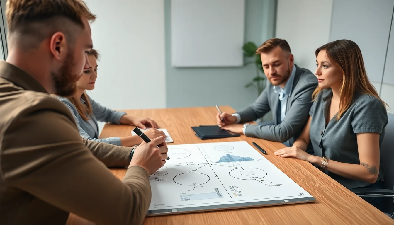 Trois personnes assises autour d'une table de réunion examinant des diagrammes de flux de travail imprimés et des notes sur un tableau blanc