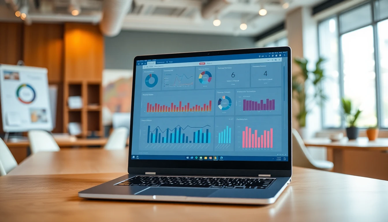 Écran d'ordinateur portable affichant un tableau de bord Airtable coloré avec des graphiques, des statuts de workflow et des métriques de performance